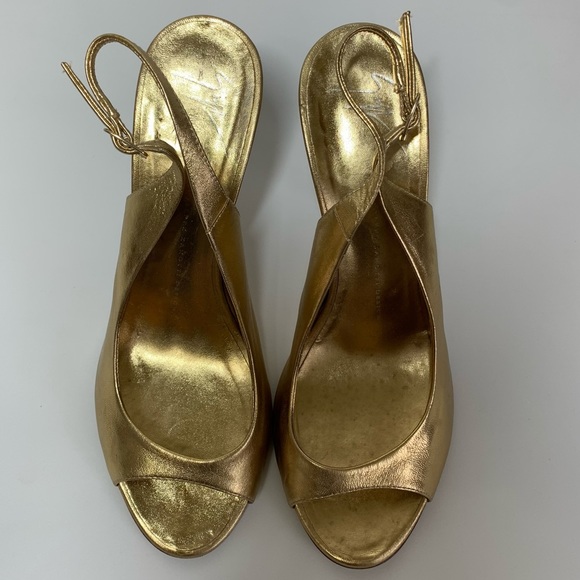 Giuseppe Zanotti Design Gold Leather slingback peeptoe heels EU size 39.5 US 9.5 - Picture 4 of 15